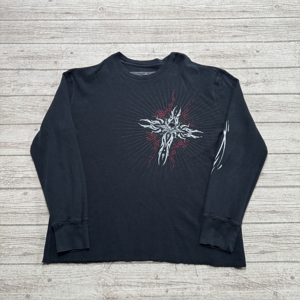 Third Rail Shirt Men's Large Black Tribal Sleeve Waffle Knit Thermal Streetwear